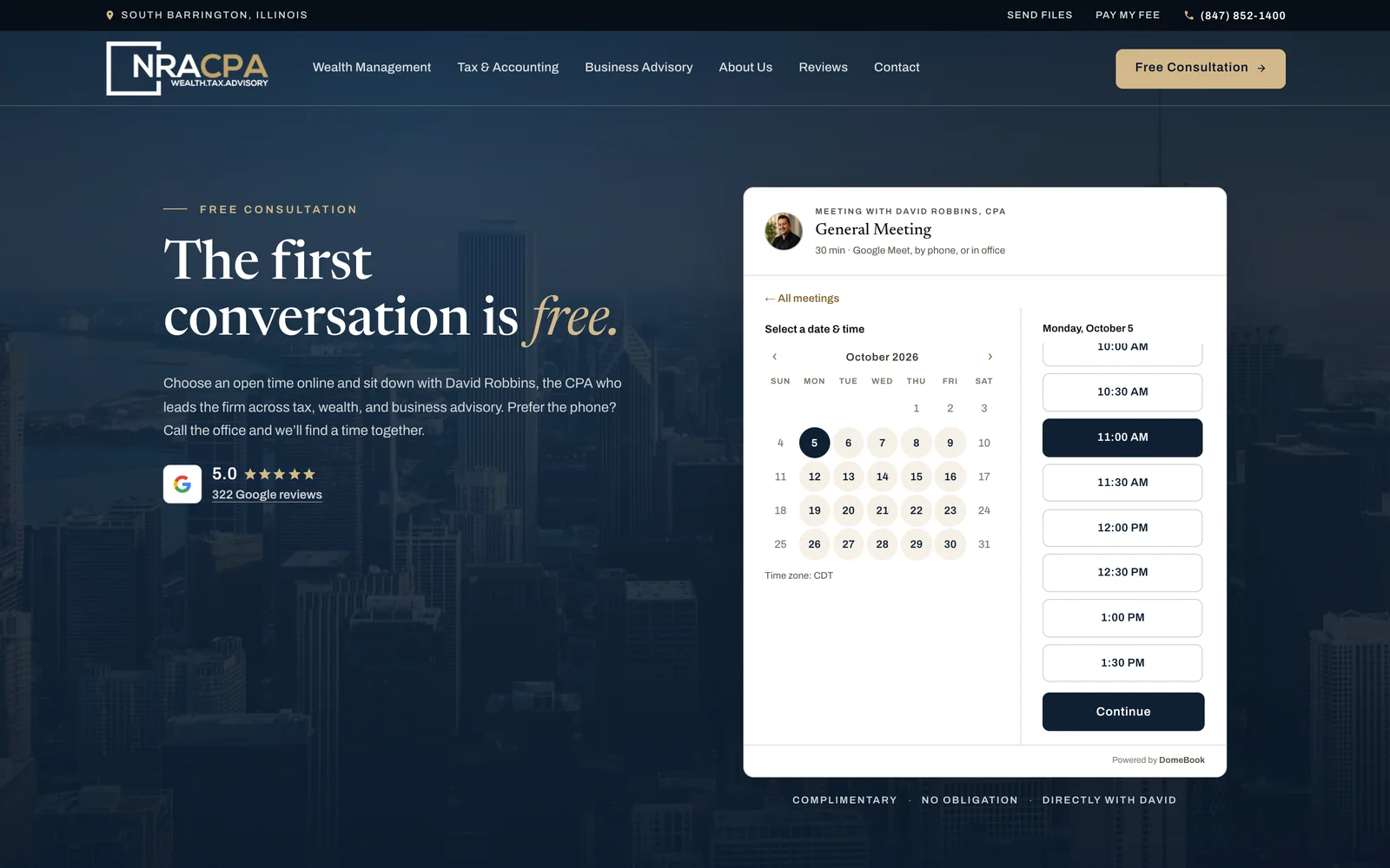 NRACPA’s redesigned contact page, with a scheduler for a free first consultation with David Robbins beside the firm’s Google rating.
