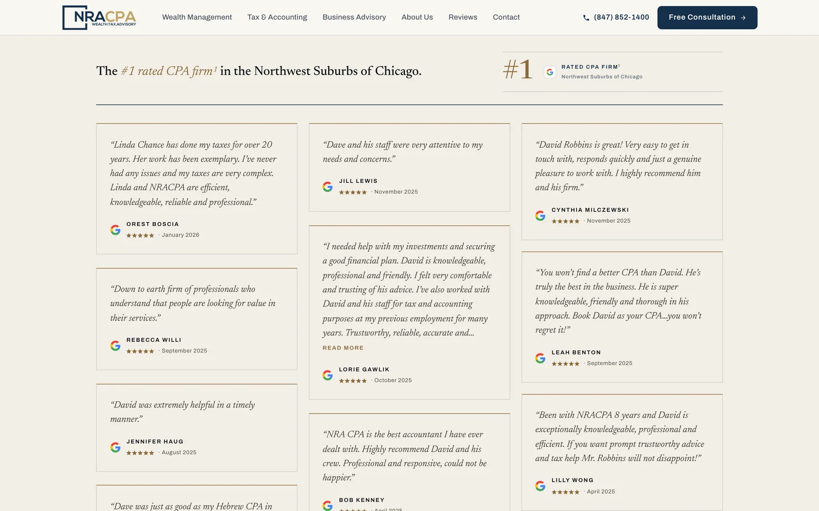 Client reviews on NRACPA’s reviews page, each with the reviewer’s name, star rating and the month it was posted on Google.