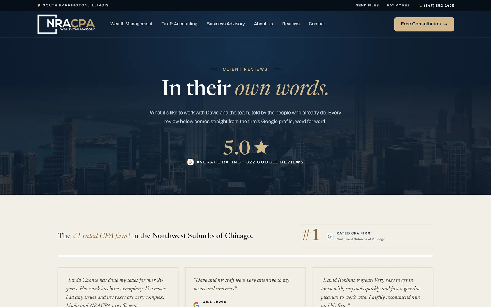 NRACPA’s client reviews page, opening with the firm’s 5.0 average rating across 322 Google reviews.