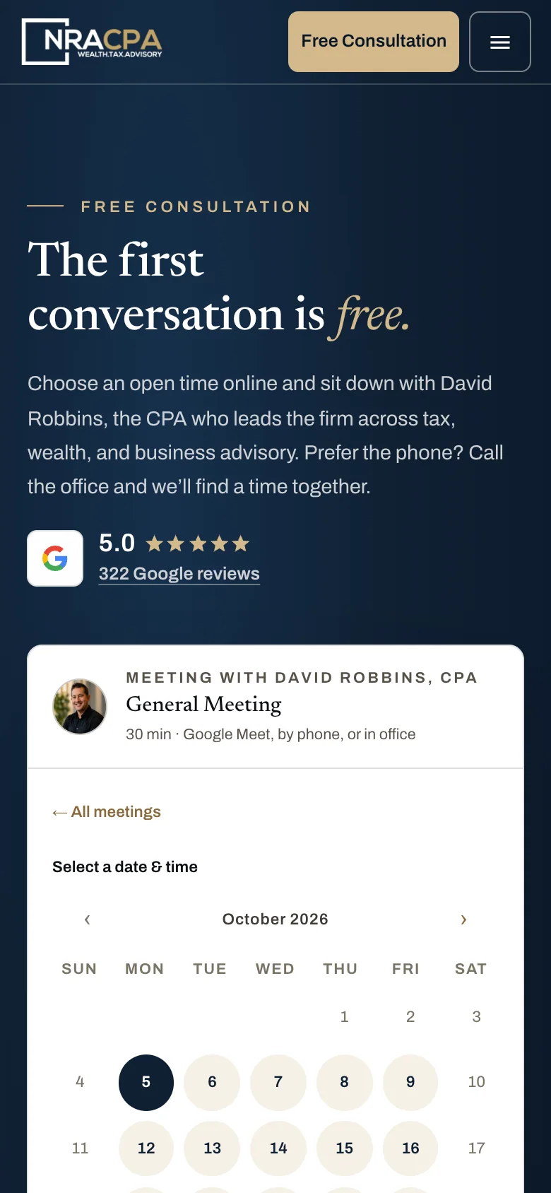 NRACPA’s contact page, with the firm’s Google rating and the consultation scheduler, at a 390 pixel mobile viewport.