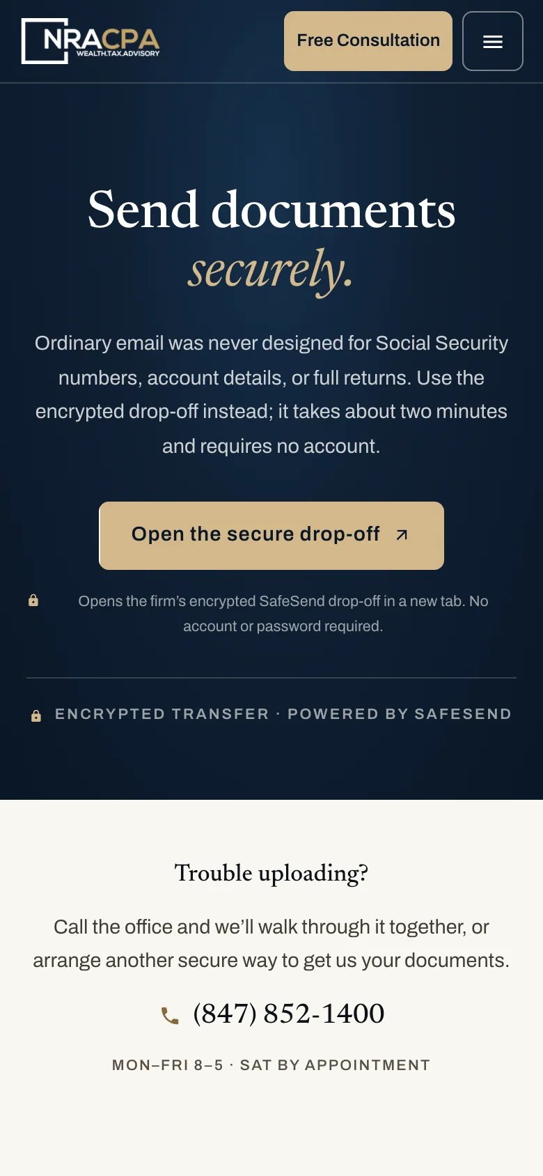 NRACPA’s secure document drop-off page at a 390 pixel mobile viewport.